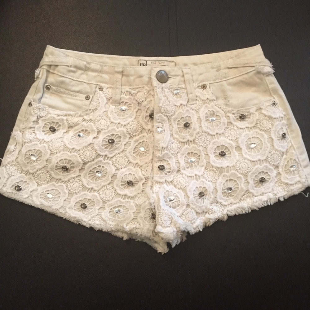 Free People White Denim Lace Shorts Sz 25